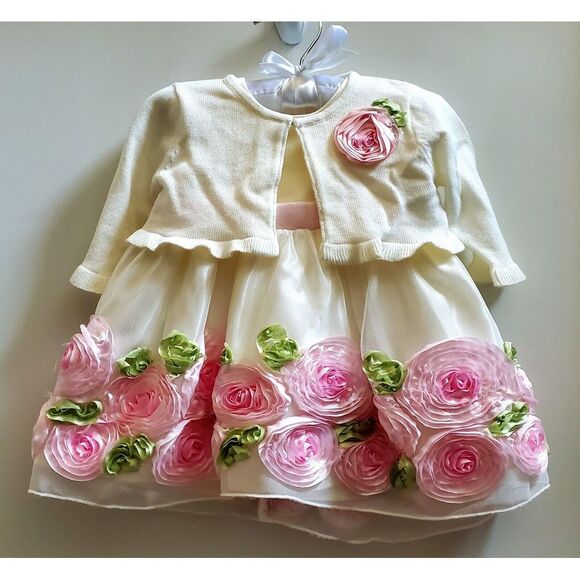 American Princess Dress 6M Tulle Roses-Leaves w/ Matching Cardigan Ivory 60400 - Picture 2 of 14